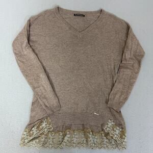 Mayo Chix Ada Knit Sweater Lace Hem V Neck Taupe Long Sleeve Top
